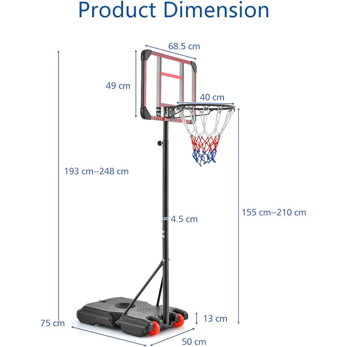 Мобільна баскетбольна стійка з підставкою, баскетбольне кільце 155-210 см регульоване по висоті, кільце для баскетбольного майданчика з основою для дітей