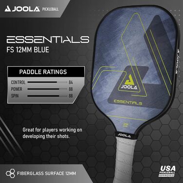 Ракетка для веслування JOOLA Pickleball Essentials зі скловолокнистою поверхнею, полімерним сердечником і сертифікацією USAPA - ідеально підходить для початківців і любителів активного відпочинку One Size Blue