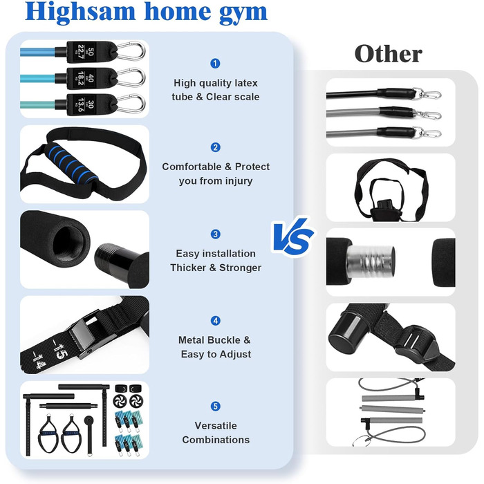 Набір штанг для пілатесу, 6 шт. фітнес-браслетів Набір стрічок опору зі штангою, ручками, дверними анкерами, ременями для ніг, стрічками опору та портативною сумочкою для внутрішнього домашнього тренажерного залу та активного відпочинку (Blue Max 240 фунт