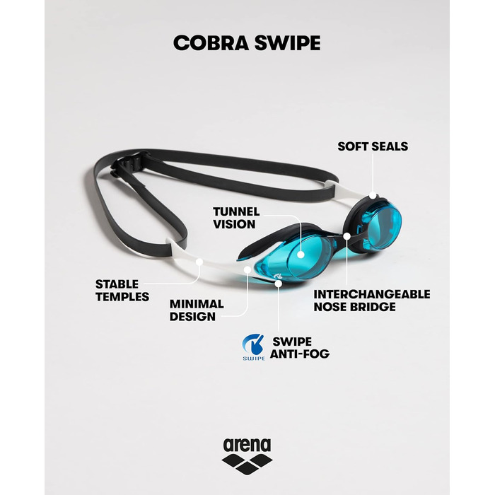 Окуляри для плавання для дорослих ARENA Cobra Original Swipe Unisex, окуляри для плавання з технологією Swipe для захисту від туману, подвійний регульований ремінець, захист від ультрафіолету, 4 змінні перенісся одного розміру синьо-білого кольору