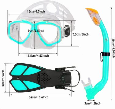 Набір для підводного плавання дітей з ластами, окуляри для дайвінгу з панорамним видом на 180 для дітей, регульовані ласти для плавання, високоякісна маска для дайвінгу та трубка з сухим верхом Aqua Green