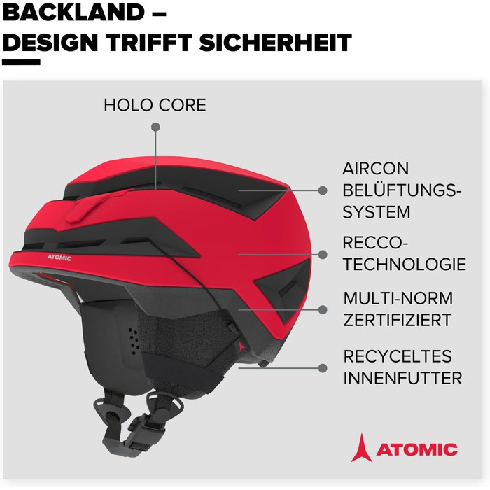 Гірськолижний шолом ATOMIC BACKLAND Light & Safe - Максимальна амортизація - Активна система вентиляції Aircon - 3D амбушури система прилягання на 360 для ідеальної посадки (червоний, 51-55)