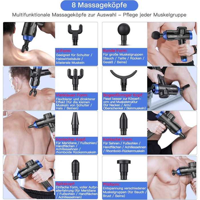 Масажний пістолет MILcea, масажний пістолет, масажний пістолет Масажер з 30 швидкостями, 8 масажними головками, світлодіодний дисплей, сенсорний екран з масажними головками для шиї, плечей, спини (Bule) синій