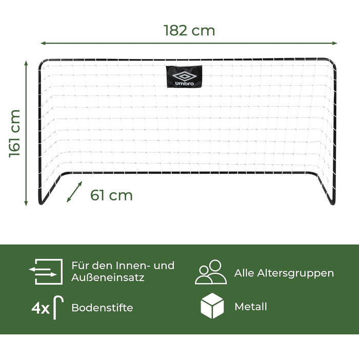 Футбольні ворота Umbro - Футбольні ворота 182 x 122 x 61 см - Футбольні ворота - Футбольні ворота для саду, дітей та дорослих - Футбольні тренувальні аксесуари для приміщень та вулиці - Метал - Чорний