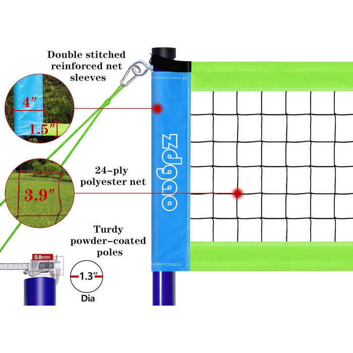 Портативна система волейбольних сіток Zdgao на відкритому повітрі - регульовані по висоті стовпи з м'яким волейбольним м'ячем, насосом, молотком, обмежувальною лінією та сумкою для перенесення для заднього двору, пляжу, газону Blue Green