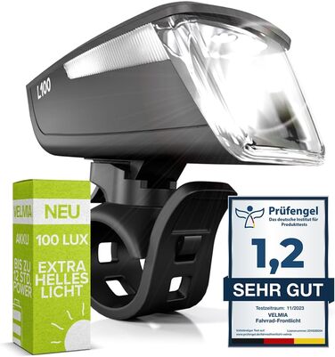 Світло для велосипеда VELMIA переднє, StVZO, потужне LED, 8,5 годин роботи, водостійке, акумуляторне, чорне