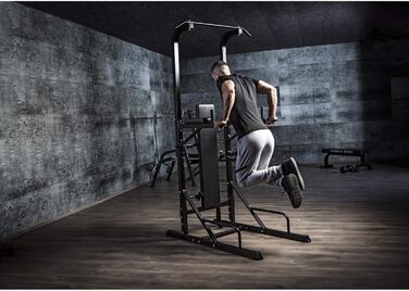 Силова станція GORILLA SPORTS Power Tower, складана лава, турнік, бруси, до 150 кг, чорна, багатофункціональний тренажер для дому
