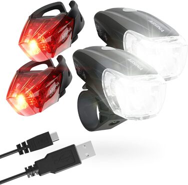 Набір велосипедних LED ліхтарів ABSINA, USB зарядка, 100 м, 180 люмен, 50 люкс, передній і задній, StVZO, велосипедне світло