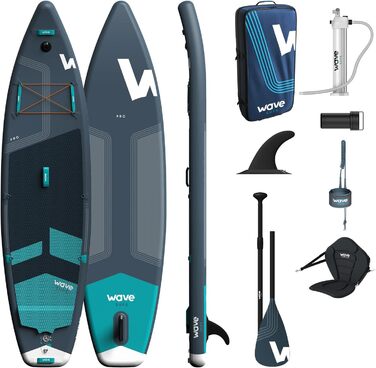 Пакет Wave Pro Professional SUP Надувна дошка для веслування преміум-класу Товщина 15,2 см включаючи аксесуари iSUP, сидіння для заміни байдарки, сумку для перенесення, повідець для щиколотки, ручний насос Широка стійка, нековзна палуба 10 футів темно-син