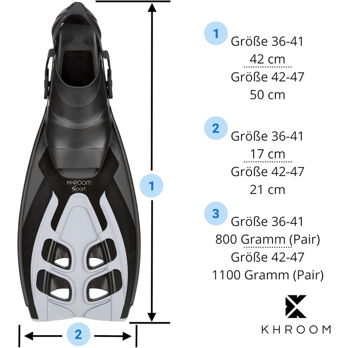 Ласти Khroom дорослі розмір 36-47 - висока якість, виробництво Італія, ласти для плавання з маскою та дайвінгу, регульовані ласти для підводного плавання унісекс / ласти для дайвінгу жінки та чоловіки 36-41 (S-M) Чорний Сірий