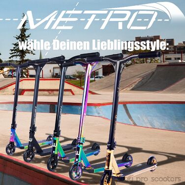 Довгий трюковий скутер Метро Profi StuntScooter, IHC Compression, 6061 T6 Alu, ABEC 9, PEG-cuts, 110 мм колеса mit Alu Core, ЧПУ, Скутер для фрістайлу, Kickscooter Metro full neo chrome