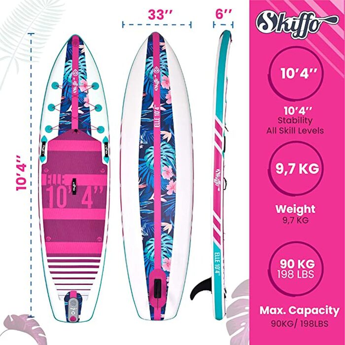 Надувне весло Skiffo Sup Stand Up Elle 10'4 PB-SXX104C Dropstitch Pack Весло, повідець, насос і сумка для транспортування, до 120 кг-236 л-315 x 79 x 13 см, для жінок, рожевий