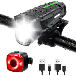 Комплект велосипедних фар 100 люкс LED StVZO, передня і задня фара, USB заряджання, водонепроникність IPX5
