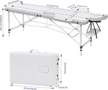Масажний стіл мобільний, масажний стіл 2 зони, масажна лава складна, з підголівником, підлокітниками, алюмінієві ніжки, сумка для перенесення, вантажопідйомність 270 кг, регулювання по висоті, W185xD60 см, білий