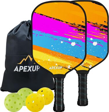 Преміум набір для піклболу APEXUP з 2 ракетками з фіброволокна, 4 м'ячами та сумкою, ергономічна ручка