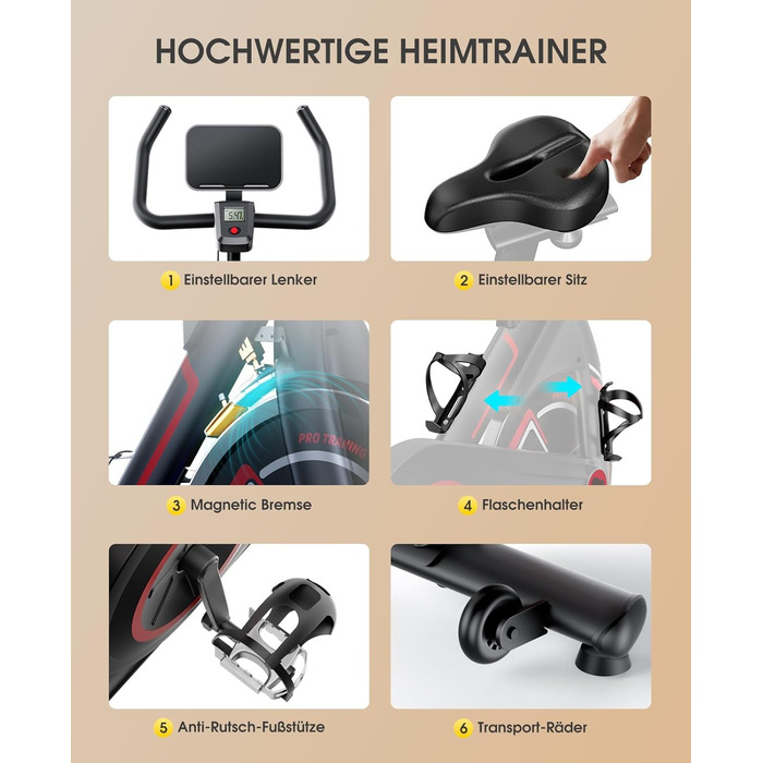 Велотренажер Heimtrainer з додатком, тихий LCD ергометр до 150 кг, 15 кг маховик, спінбайк для дому з регулюванням опору, м'яке сидіння