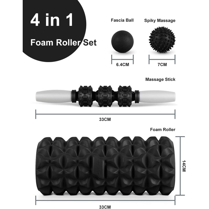 Набір роликів для фасцій Glymnis 4-в-1 з масажером (чорний)