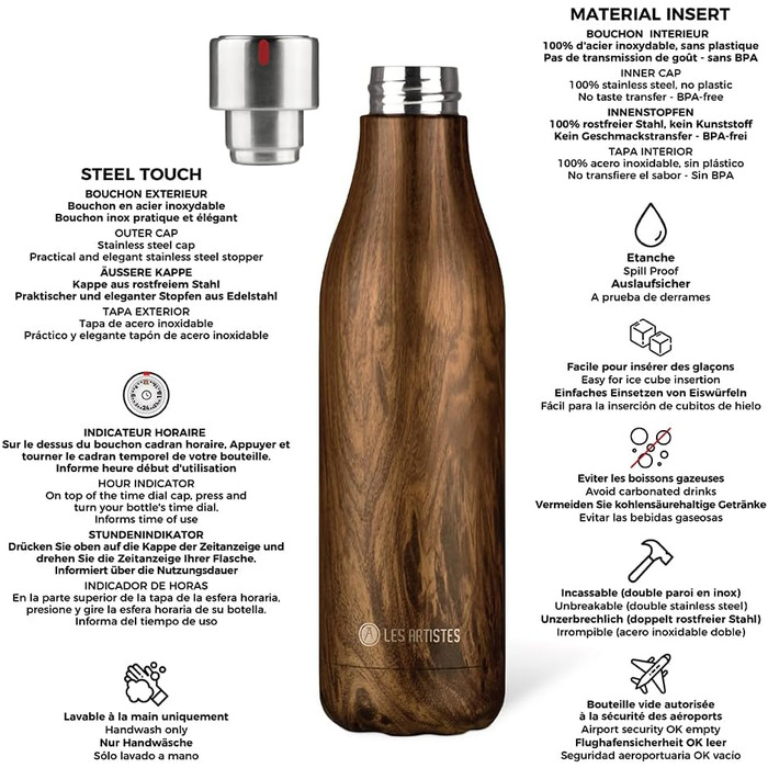 Термос Les Artistes Paris Bottle'Up 750 мл, нержавіюча сталь, дерев'яний дизайн, BPA-free, тримає тепло 12 годин, холод 24 години, багаторазовий