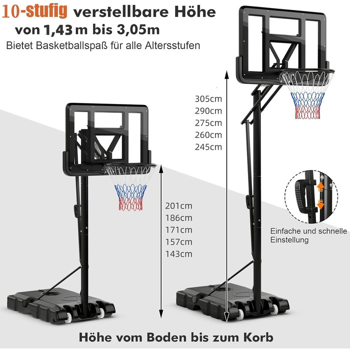 Баскетбольна стійка GYMAX 245-305 см регульована по висоті, переносне баскетбольне кільце з підставкою, мобільна баскетбольна система з колесами