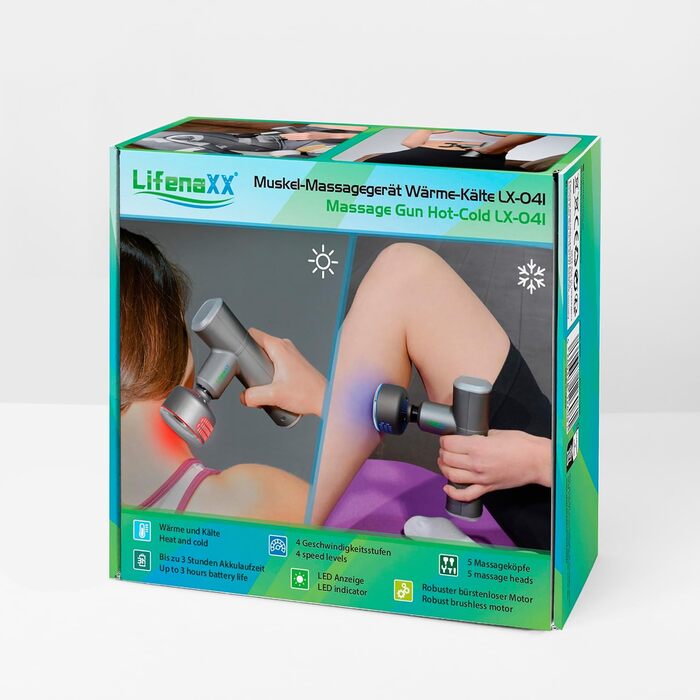 Масажер для м'язів Lifenaxx Heat-Cold Therapy Pro LX-041 - Масажний пістолет з функцією нагрівання та холоду в 6 рівнях, 5 масажних головок, час автономної роботи 2000 мАг