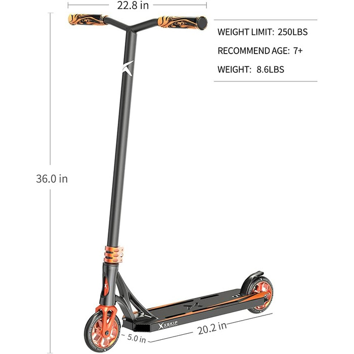 Самокат XSKIP 36 Pro Stunt Trick для молоді та дорослих з колесами AlU Core 120 мм (помаранчевий)