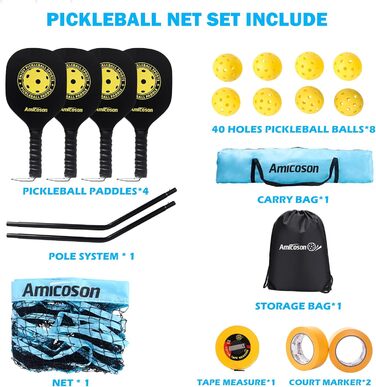 Ракетка для веслування Pickleball - Набір ракеток Amicoson Pickleball з 4 веслами, набір веслувальників для піклболу в приміщенні та на вулиці з 4 дерев'яними ергономічними ручками подушки, 8 м'ячами для піклболу та 1 сумкою Чорний набір піклболів із сітк