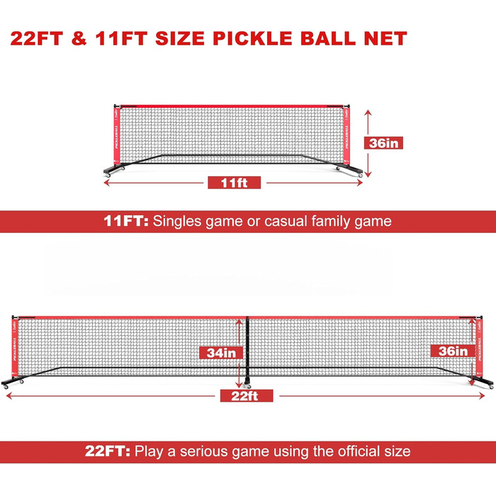 Портативна сітка для піклболу Fostoy з колесами, звичайний розмір 6,9 м і половина корту 3,9 м, 18-шарові поліетиленові сітки, міцний металевий каркас для стійкої до погодних умов гри на задньому дворі, під'їзних доріжках і гаражах чорний/червоний