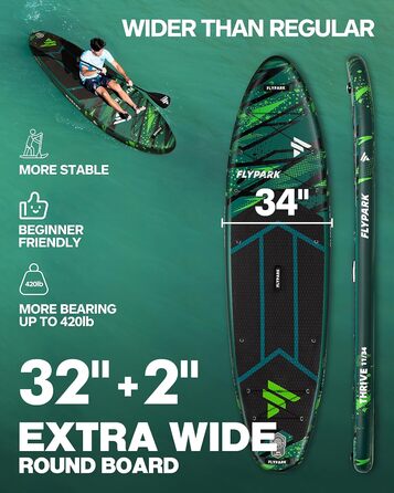 Надувна SUP-дошка Flypark 335x86x15 см, широка, для йоги, з рюкзаком 116 л, 15 D-кілець, ременем, 3 знімними плавниками, насосом