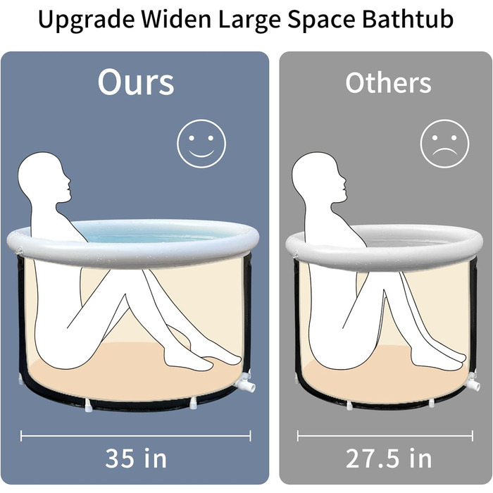 Крижана ванна для спортсменів, ванна з холодним зануренням, портативна ванна для дорослих, надувна бочка для льоду для дому, гаряча/холодна ванна, окремо стояча ванна для купання (чорна, 89,9 см x 55,6 см В)