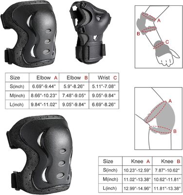 Набір наколінників для дітей та дорослих, протектор 6 в 1 з наколінниками, ліктями, зап'ястками, захисним спорядженням, регульованими наручниками для катання на роликах, ковзанах, скейтборді, самокаті Cycling Black-B M