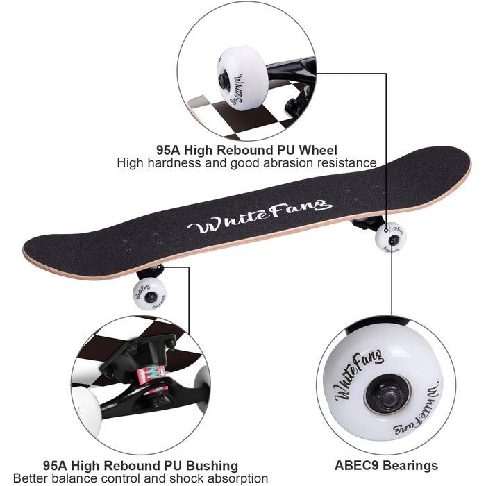 Скейтборди WhiteFang для початківців, повний скейтборд 31 x 7.88, 7 шарів Canadian Maple Double Kick Concave Standard і скейтборди Tricks для дітей та початківців (перевірити)