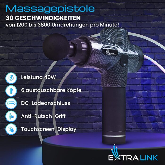 Масажний пістолет Extralink Pro Massage Gun, 6 змінних насадок, 30 різних швидкостей, масажер, масажер для шиї, масажер для м'язів, до 3800 об/хв, USB-C, релаксація PRO 3800 об/хв