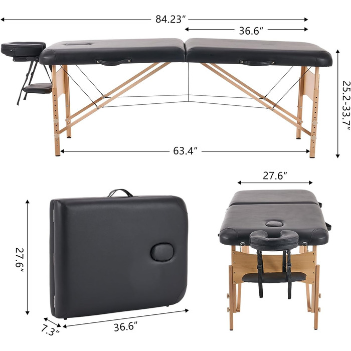Масажний стіл YOUNIKE 2-зонний складний портативний масажний стіл з регульованим по висоті масажним столом з підголівником з дерев'яними ніжками та аксесуарами Сумка для перенесення Мобільний крем для масажного ліжка (чорний)