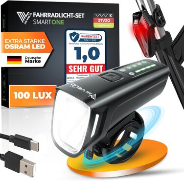 Комплект велосипедних фар MIVELO SMART 100LUX, LED, 2000mAh акумулятор, авто-сенсор, USB зарядка, водонепроникна, StVZO, передня і задня лампа, енергоефективність A+++