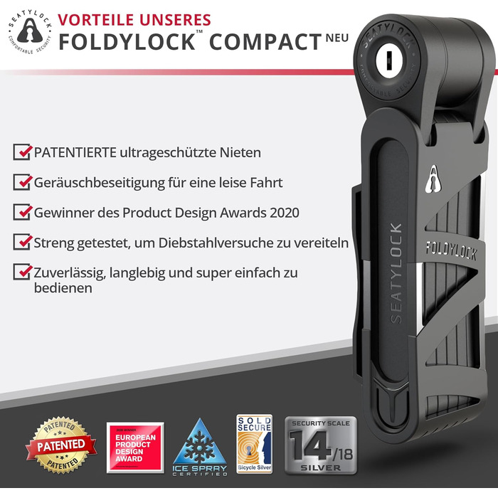 Складаний велосипедний замок FoldyLock Compact 85 см з ключем та кріпленням – високий рівень безпеки для електровелосипеда, самоката та ролика