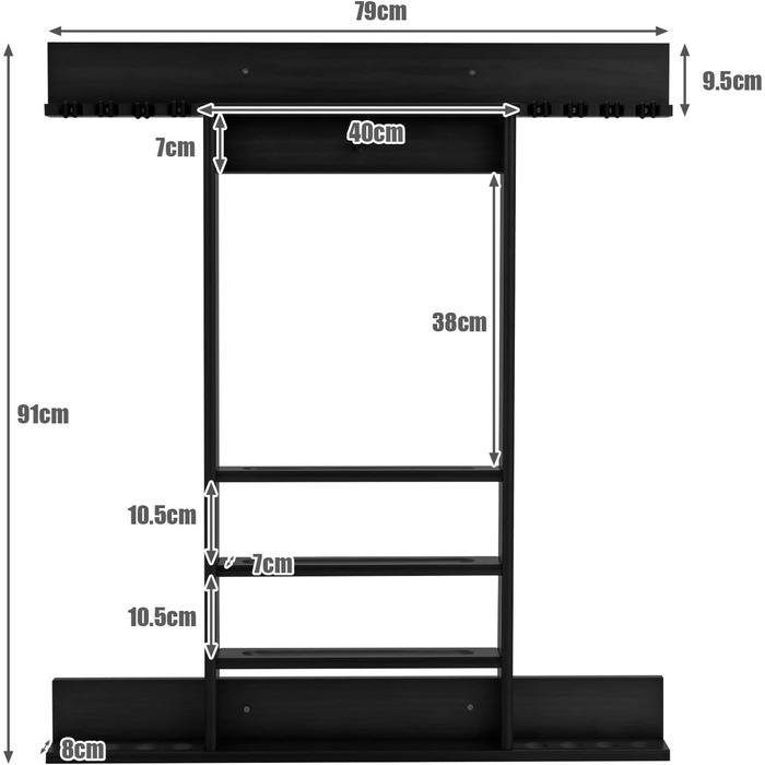 Тримач для більярдного кия GYMAX на 8 київ та аксесуарів для більярду, настінна підставка для кия, тримач для більярдного кия з деревини сосни, для більярдної кімнати та клубу, 79 x 8 x 91 см (чорний)