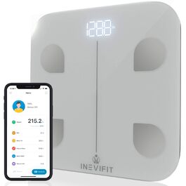 Цифрова вага INEVIFIT, висока точність, до 180 кг, срібляста, платформа 30x30 см