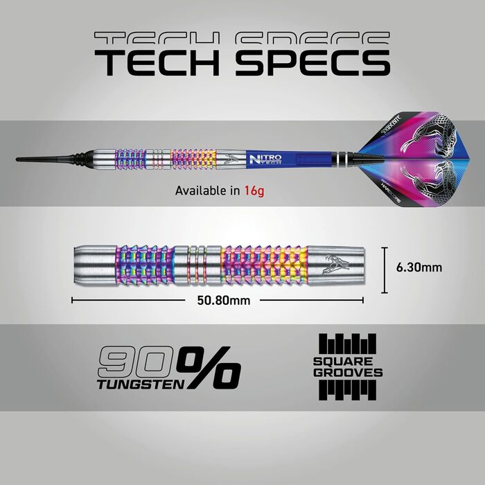 Дартси Red Dragon Peter Wright Snakebite Rainbow Mamba 18 г, 90% вольфрам, софт-тіп, з насадками Snakebite та карткою Checkout