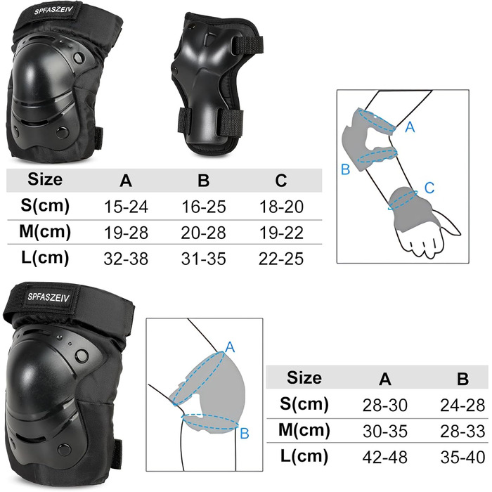 Набір наколінників для дітей та дорослих, протектор Набір 6 в 1 це Наколінники для ліктів, захисне спорядження Регульовані накладки на зап'ястя для катання на роликах Катання на ковзанах Скейтборд Скутер Велосипед (Black-A, M)