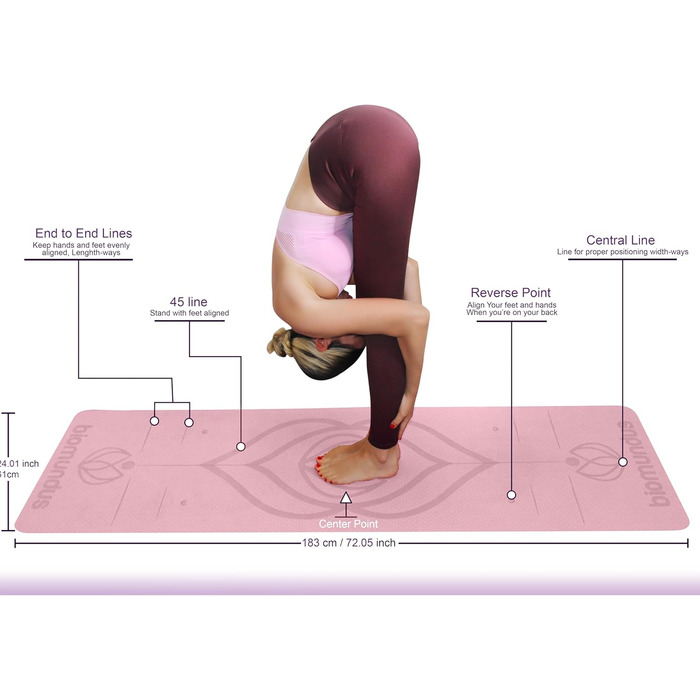 Килимок для йоги biomundus нековзний ремінь для йоги лінії положення тіла кишеньковий протиковзкий спортивний килимок, килимок для пілатесу sport, килимок для тренажерного залу килимок для йоги, килимок для йоги sport (Рожевий)