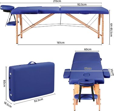 Масажний стіл Yaheetech Мобільний масажний стіл 2 зони Портативне масажне ліжко Регульовані по висоті дерев'яні ніжки з підголівником і підлокітниками 213 82 x 85,5 см до 250 кг З можливістю завантаження (213 x 82 см, синій)