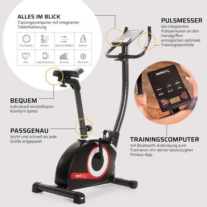 Велотренажер SportPlus Compact - Фітнес-велосипед з 24 рівнями опору - Велотренажер Ergometer Вбудований монітор серцевого ритму та сумісність з додатками - Розроблено в Німеччині - до 120 кг