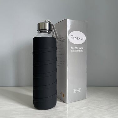 Скляна спортивна пляшка Ferexer з силіконовим чохлом, 900 мл, чорна