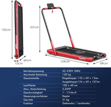 Складна бігова доріжка COSTWAY 2 в 1 2.25HP (червоний)