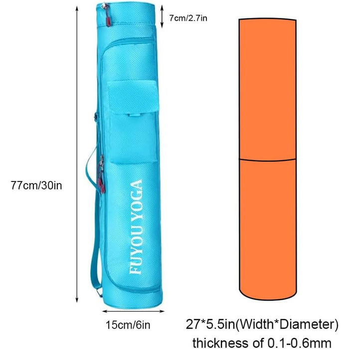Килимок для йоги EQLEF, портативна водонепроникна сумка для йоги та регульований ремінь для килимка для йоги, надзвичайно довгий килимок для йоги, сумка для перенесення з 2 кишенями, сумка через плече для йоги з повною блискавкою (синій)