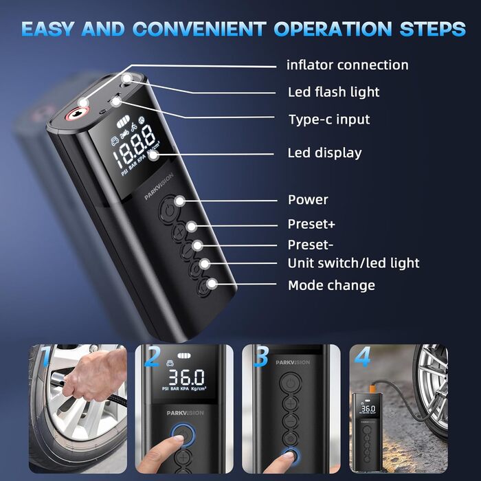Електричний портативний компресор PARKVISION 8000mAh, 150 PSI з LED, для авто, велосипедів, мотоциклів та м'ячів