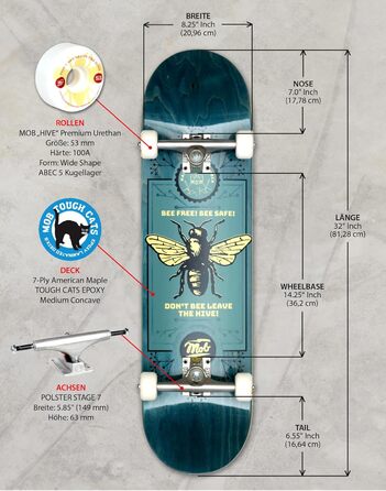 Скейтборди MOB Bee 8.25 - Повна дошка 32 x 8.25 дюймів - Дерев'яна дошка з 7 шарів деревини клена - Повністю зібрана - Скейтборд для підлітків, дорослих, початківців та професіоналів - Синій