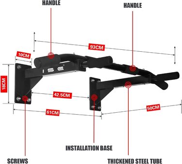 Багатофункціональний фітнес-турнік ISE для настінного кріплення, гімнастична штанга до 200 кг з нековзними ручками, незліченна кількість вправ на підтягування, настінне кріплення та 8 надміцних дюбелів для кріплення SY-165