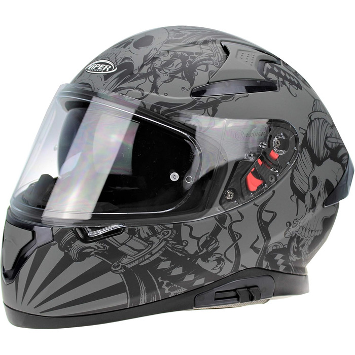 Мотоциклетний шолом ViPER RSV95 для дорослих, повнолицевий, з сонцезахисним козирком, ECE/ACU сертифікований, унісекс, матовий чорний/череп сірий, розмір L