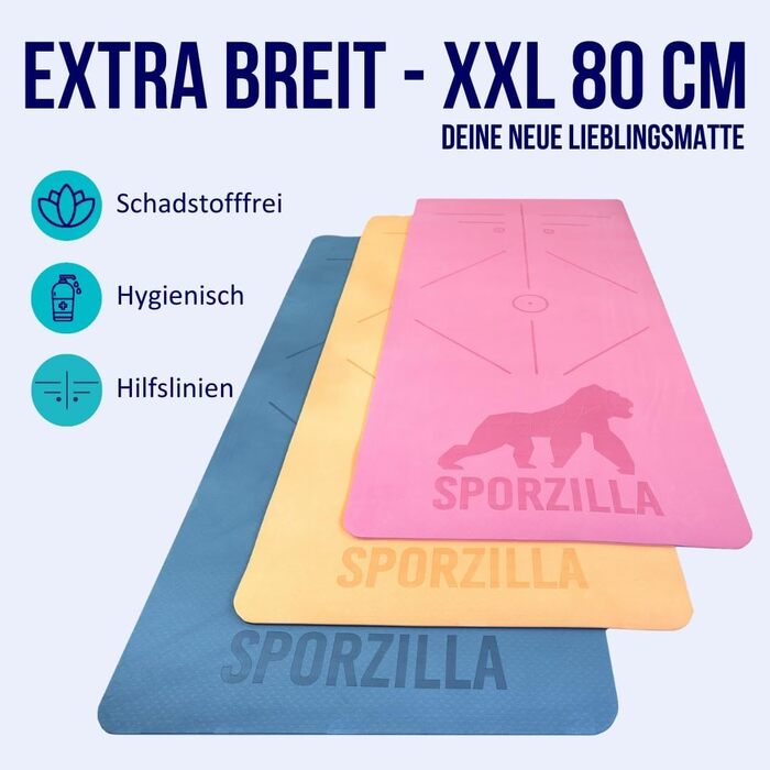 Килимок для фітнесу та йоги Sporzilla Premium XL, дуже широкий 80 см, товщина 8 мм, не ковзає та не токсичний, з напрямними лініями (темно-синій / світло-синій)